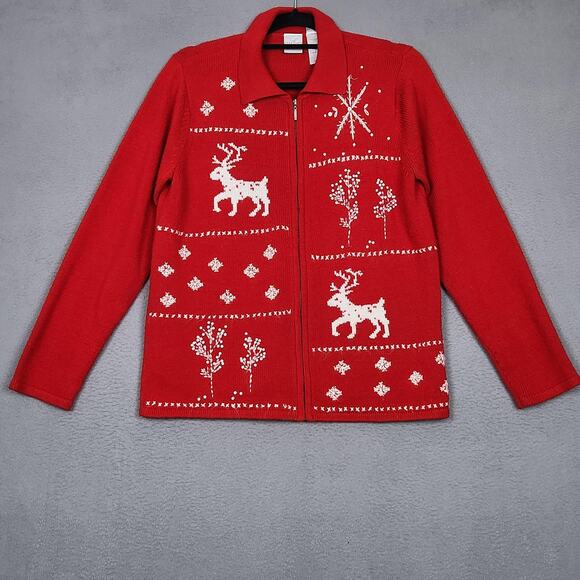 Emma James Sweater Womens Medium Red Zip Cardigan Reindeer Christmas Holiday - Picture 1 of 14